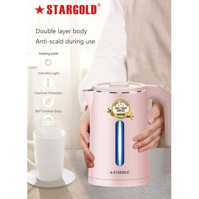 ستارجولد غلاية كهربائية سعة 15 لتر مع إيقاف تشغيل تلقائي 1500 وات من الفولاذ المقاوم للصدأ عالي الجودة 304 ودوران 360 درجة SG1435 ذهبي وردي - Image 2