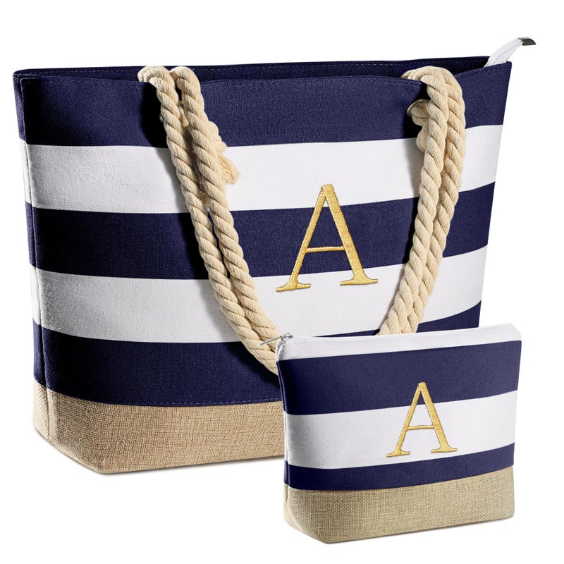 YOOLIFE Birthday Gifts for Women Her - Personalized Gifts, Monogram Initial Beach Bag Canvas Tote Bag Makeup Bag Travel Essentials for Women Her Mom Girlfriend Wife Teacher Friend Bridesmaid Idea A - Image 1
