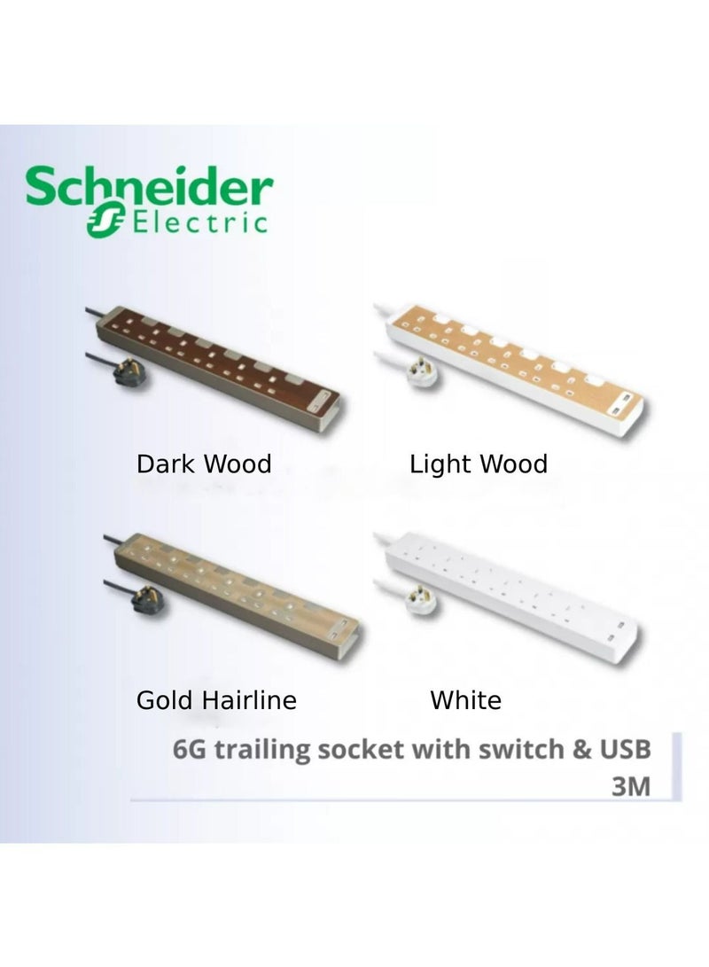 Schneider Electric  Extension Cord USB port & 6 Trailing Sockets with individual switch 3M, Power extension , metal golden hairline -TSH36U_3_GH - Image 2