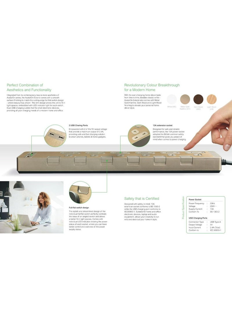 Schneider Electric  Extension Cord USB port & 6 Trailing Sockets with individual switch 3M, Power extension , metal golden hairline -TSH36U_3_GH - Image 3
