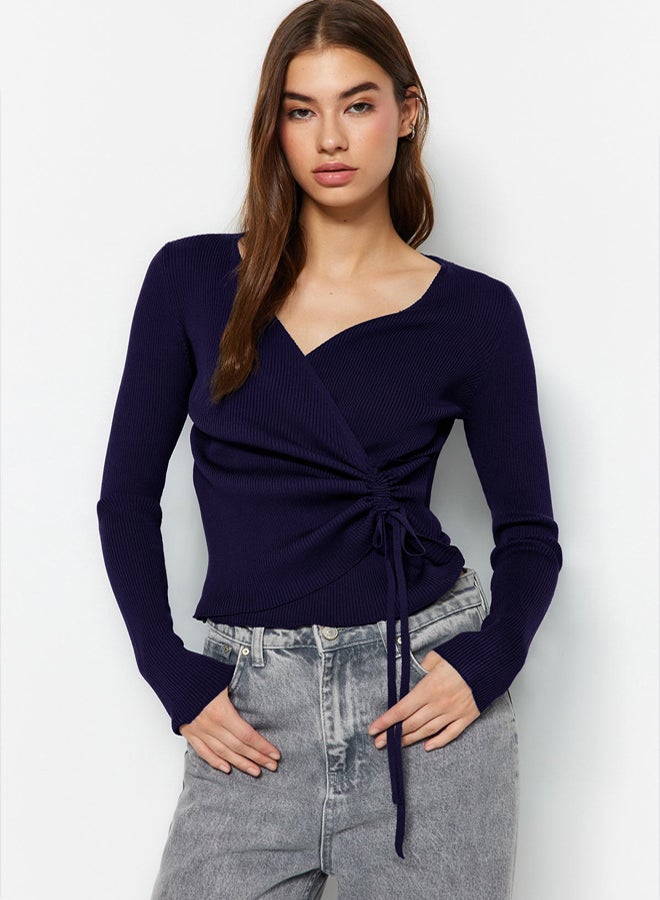 trendyol Navy Blue Double Breasted Gather Detailed Knitwear Sweater - Image 3