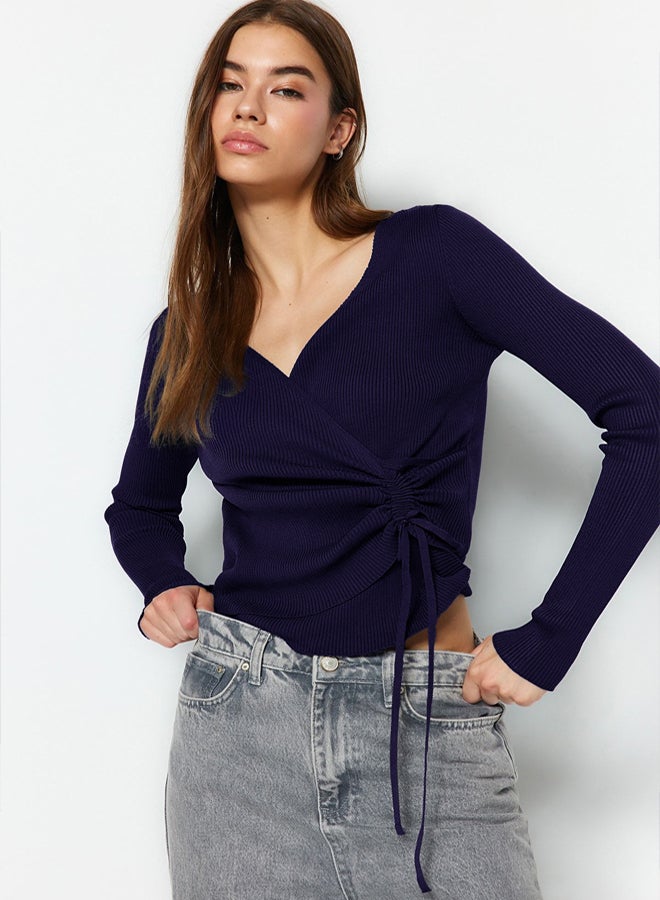 trendyol Navy Blue Double Breasted Gather Detailed Knitwear Sweater - Image 2