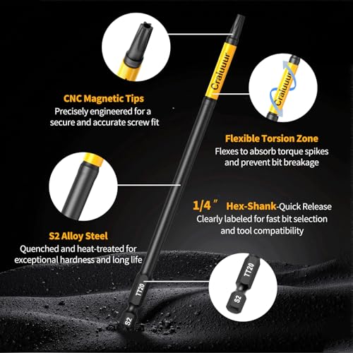 Craluuur 14PCS Impact Long Torx Bit Set, 6-Inch, T7–T40, Tamper Proof Star Bits Set, Magnetic Security Torx Bit Set with 1/4 Inch Hex Shank, S2 Steel, Ideal for Automotive, DIY, Electronics - Image 3