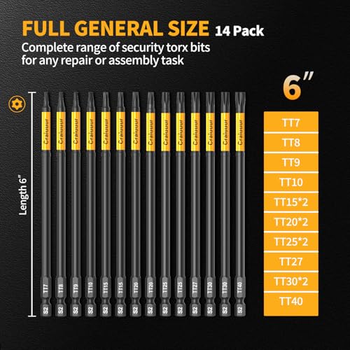 Craluuur 14PCS Impact Long Torx Bit Set, 6-Inch, T7–T40, Tamper Proof Star Bits Set, Magnetic Security Torx Bit Set with 1/4 Inch Hex Shank, S2 Steel, Ideal for Automotive, DIY, Electronics - Image 2