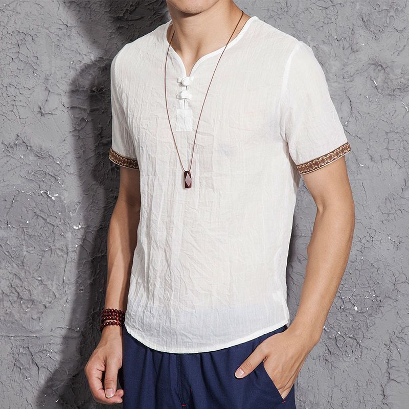 Chinese Style Men'S Cotton And Linen T-Shirt Summer Loose Hanfu Short-Sleeved Antique Top Chinese Style Retro Linen T-Shirt - Image 1