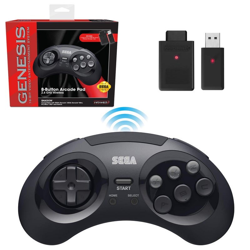 Retro Bit Retro-Bit Sega Genesis 2.4 GHz Wireless Controller 8-Button Arcade Pad for Sega Genesis Original/Mini, Nintendo Switch, PC, Mac – Includes 2 Receivers & Storage Case - Black - Image 1