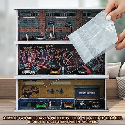 kivcmds 1:64 Scale Car Model Display Case for Hot Wheels,Matchbox Cars,Parking lot with Lights(Repair Store Scene Contains 6 Parking Spaces) - Image 5