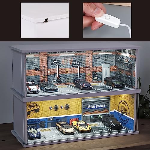 kivcmds 1:64 Scale Car Model Display Case for Hot Wheels,Matchbox Cars,Parking lot with Lights(Repair Store Scene Contains 6 Parking Spaces) - Image 4
