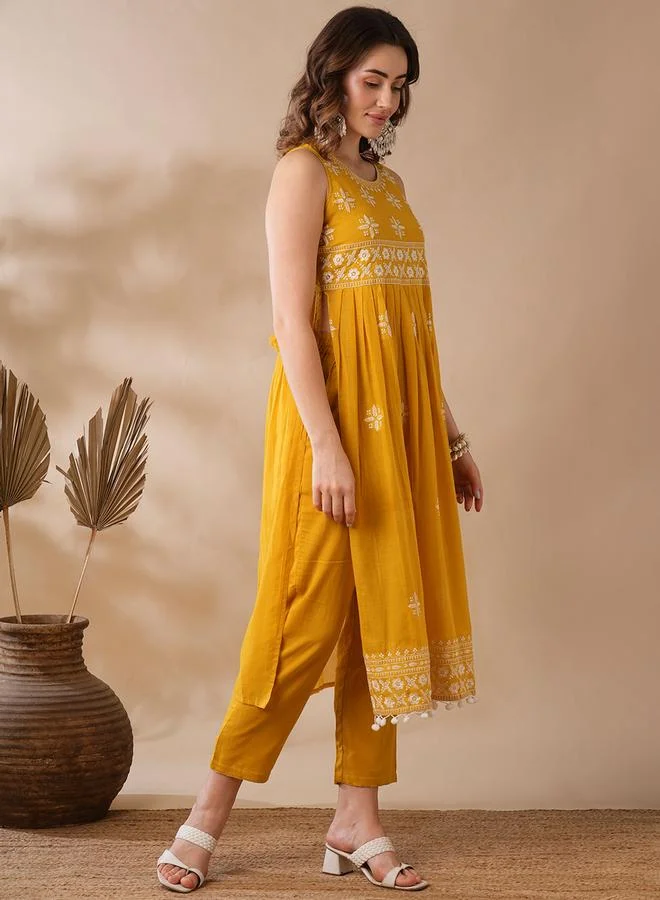 globus Mustard Floral Embroidered Pleated Kurta and Pants Set