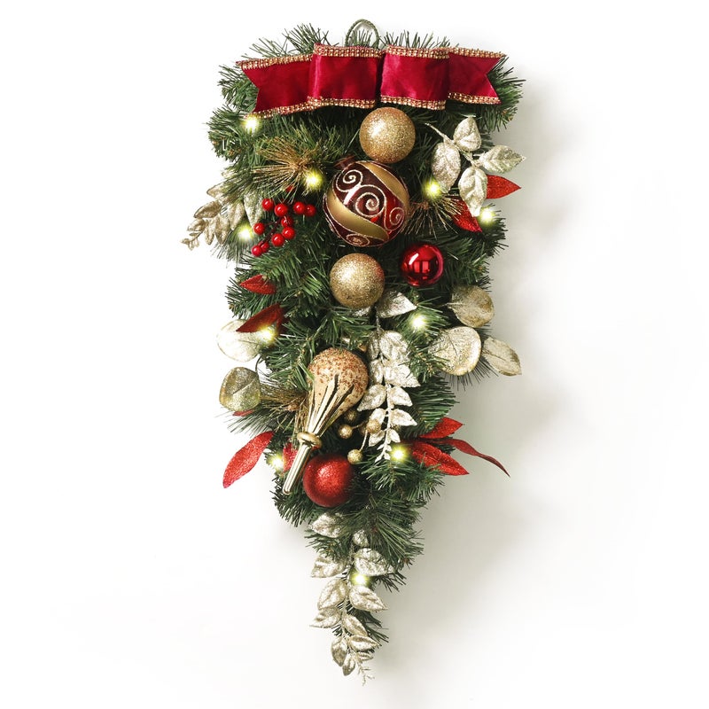 Valery Madelyn Valery Madelyn PreLit Christmas Teardrop Swag for Decorating Outdoor 24 Inch Mailbox Swag Decoration with 20 LED Lights Red Gold Ball Ornament for Front Door Stairway Window Shelf Xmas Home Decor