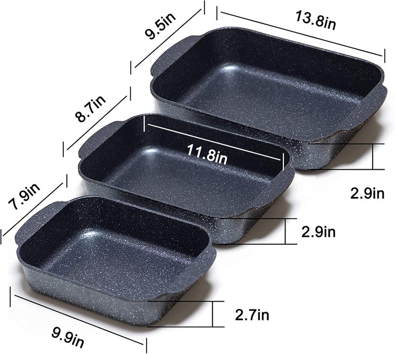 S·KITCHN Set of 3 Nonstick Roasting Pan Baking Dishes for Lasagna, Casserole and Bread Baking Pan, Large & Deep Lasagna Pan with Handles - Image 3