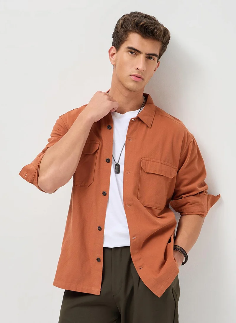 Urbano Fashion  Urbano Fashion Men's Rust Cotton Full Sleeve Relaxed Fit Shacket with Utility Pockets for Men | Best Price UAE
