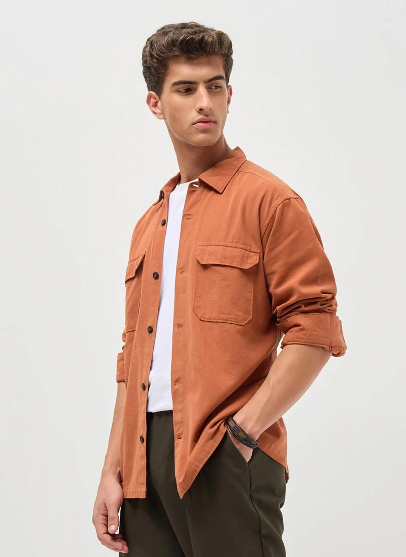 Urbano Fashion Men's Rust Cotton Full Sleeve Relaxed Fit Shacket with Utility Pockets