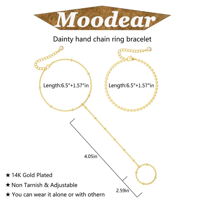 Moodear Trendy Gold Hand Chain Bracelet - Dainty Adjustable 14K Gold Plated Layered Dot Satellite Link Non Tarnish Ring Bracelets for Women Jewelry Gift - Image 5