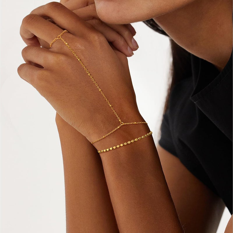 Moodear Trendy Gold Hand Chain Bracelet - Dainty Adjustable 14K Gold Plated Layered Dot Satellite Link Non Tarnish Ring Bracelets for Women Jewelry Gift - Image 2