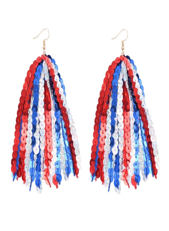 RareLove Fourth of July Accessories Lightweight Patriotic Earrings Red White and Blue Sequins Fun Dangle Tassel Earrings for Women Alloy Plated - Image 1