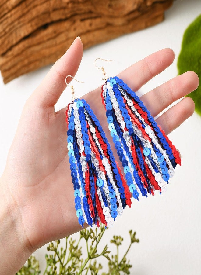 RareLove Fourth of July Accessories Lightweight Patriotic Earrings Red White and Blue Sequins Fun Dangle Tassel Earrings for Women Alloy Plated - Image 5