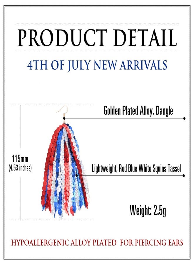 RareLove Fourth of July Accessories Lightweight Patriotic Earrings Red White and Blue Sequins Fun Dangle Tassel Earrings for Women Alloy Plated - Image 3