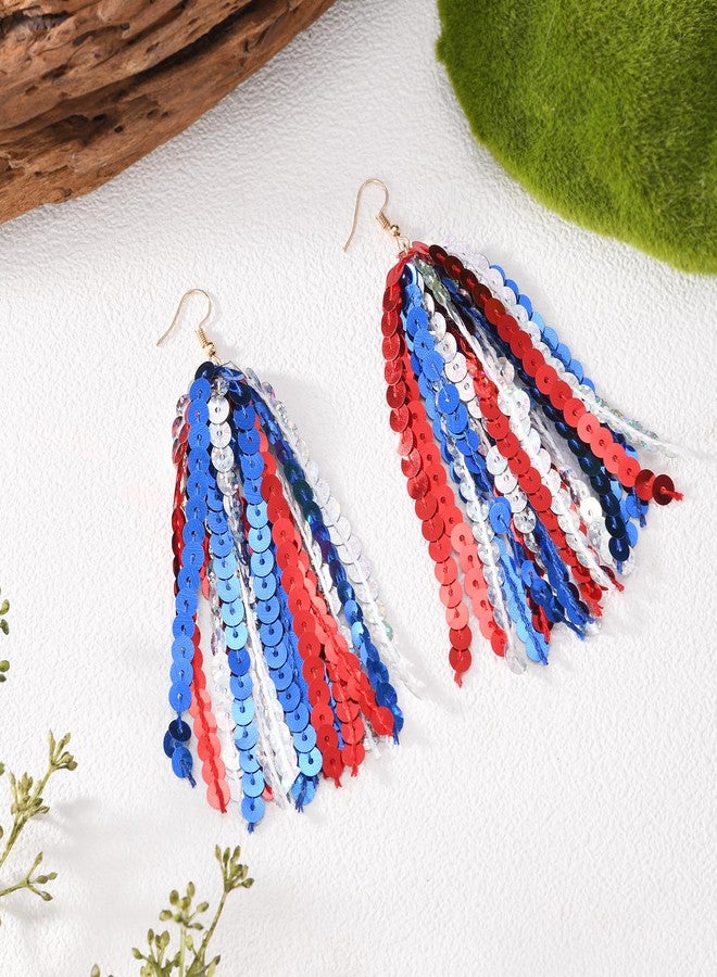 RareLove Fourth of July Accessories Lightweight Patriotic Earrings Red White and Blue Sequins Fun Dangle Tassel Earrings for Women Alloy Plated - Image 4
