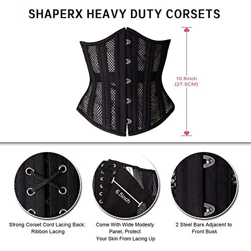 SHAPERX 26 Double Steel Boned Breathable Mesh Corset Heavy Duty Waist Training Shaper, SZ1996-Black-L - Image 3