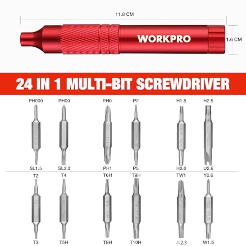 مجموعة مجموعات مفكات دقة WORKPRO 24 في 1 على شكل أقلام، مفك براغي يدوي، 24 قطعة من قضبان مفكات صغيرة من فولاذ S2 المتين، مثالية للعين، الساعات، أجهزة الكمبيوتر المحمولة، الهواتف، المجوهرات والإلكترونيات، باللون الأحمر - Image 2