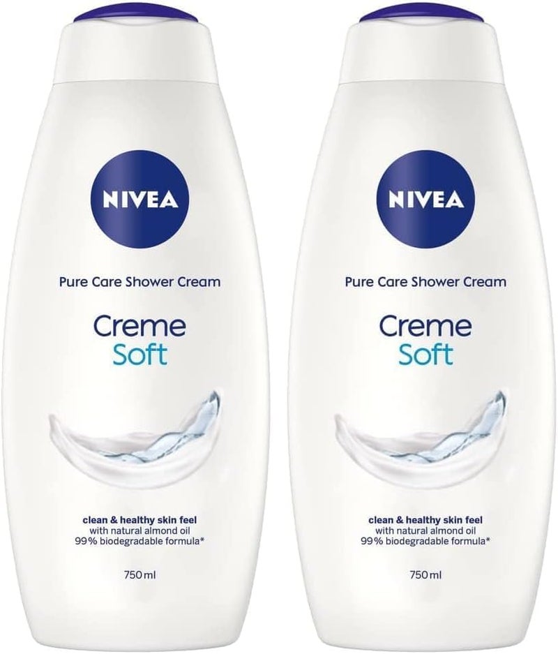 NIVEA Care Shower Creme Soft 750ml Caring Shower Body Cream Enriched with Almond Oil Moisturising Shower Gel Body Wash Skin Moisturiser with Mild Scent Pack of 2