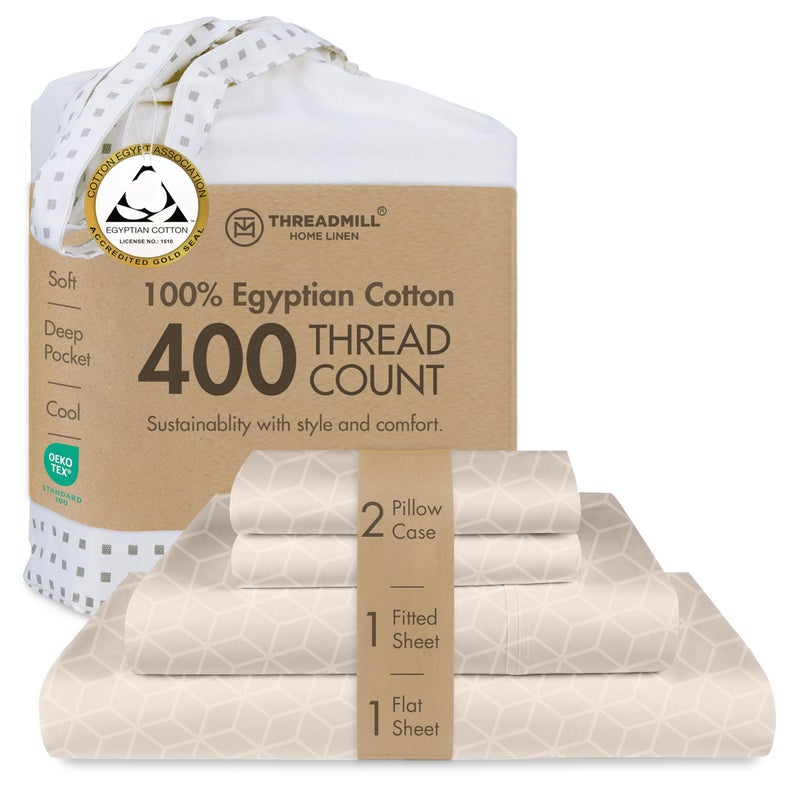 Threadmill Egyptian Cotton Queen Sheet Set 100 Certified Egyptian Cotton Bed Sheets for Queen Size Bed Queen Bed Sheets Set Deep Pocket Soft Cooling Damask Jacquard Bedding Set Beige