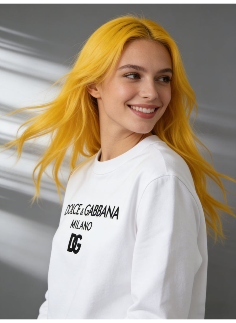 D&G DOLCE & GABBANA D&G Women's White Crew Neck Sweatshirt - Black Logo Print, Premium Cotton Blend, Relaxed Fit, Luxury Casual Top for Daily & Streetwear Styling - Image 2