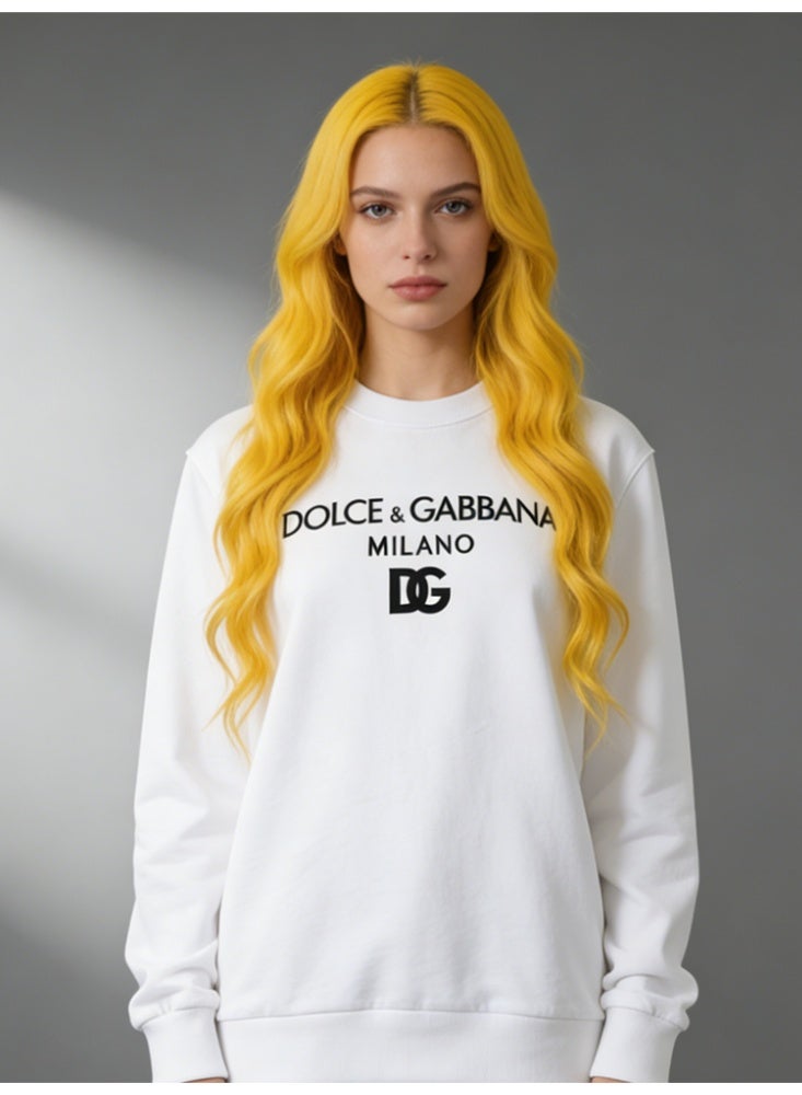 D&G DOLCE & GABBANA D&G Women's White Crew Neck Sweatshirt - Black Logo Print, Premium Cotton Blend, Relaxed Fit, Luxury Casual Top for Daily & Streetwear Styling - Image 1
