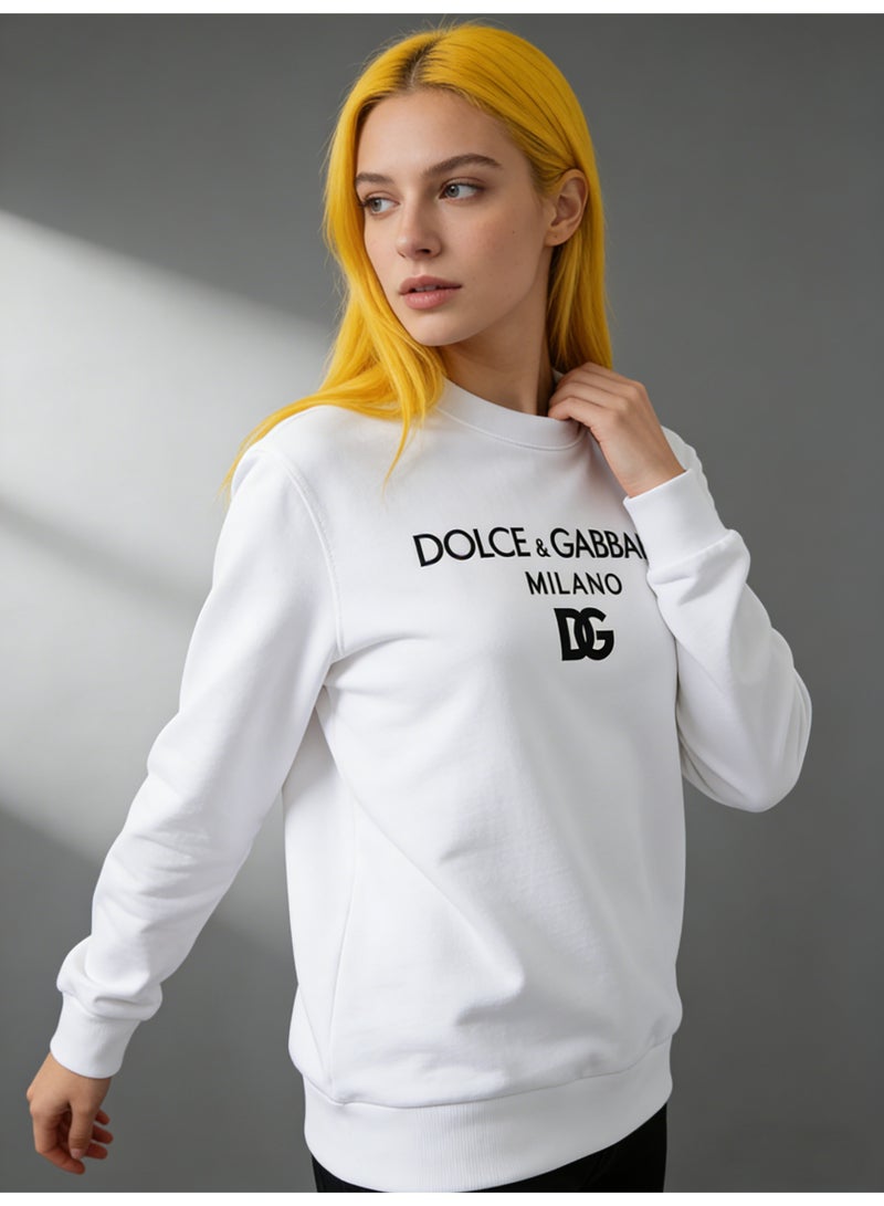 D&G DOLCE & GABBANA D&G Women's White Crew Neck Sweatshirt - Black Logo Print, Premium Cotton Blend, Relaxed Fit, Luxury Casual Top for Daily & Streetwear Styling - Image 4