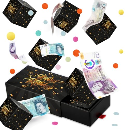 Happy Birthday Surprise Explosion for Money  Pop Up Exploding Box with Confetti  Bouncing Gift Box Black Gold for Kids Boys Men Dad Husband