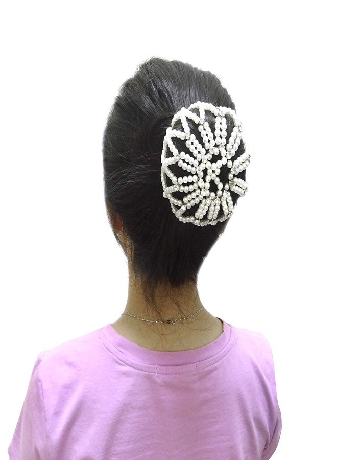 Honbay Hair Bun Cover Elastic Handmade Crochet Hair Net Snood with Pearls and Rhinestones for Ballet, Dance, Skating, etc (White) - Image 2