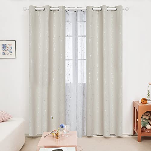 Deconovo Beige Curtains for Living Room, Thermal Insulated Soundproof Drapes with Wave Dots Silver Print, 42 x 95 Inch Long, Grommet Top, Set of 2 Window Panels for Living Room Bedroom Office Nursery - Image 2