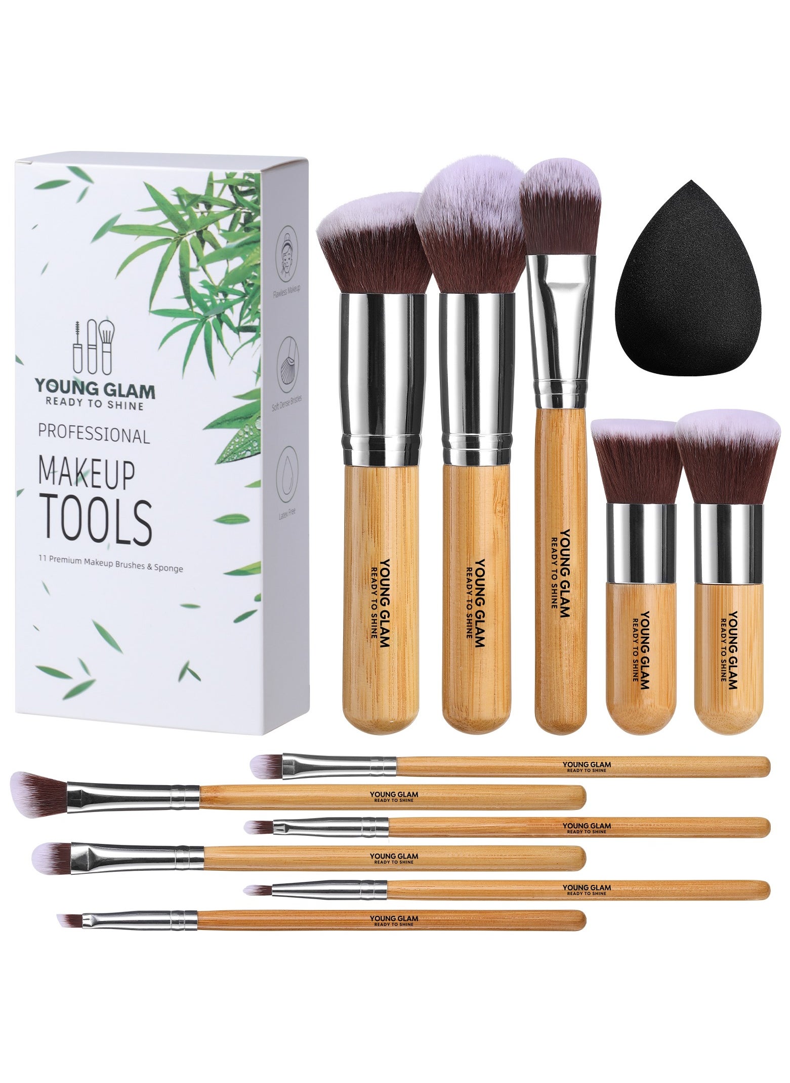 Young Glam Young Glam Makeup Brush Set 11Pcs Bamboo Synthetic Kabuki Brush Set Foundation Powder Blending Concealer Eye shadows Blush Cosmetics Brushes with Organizer Bag & Makeup Sponge 