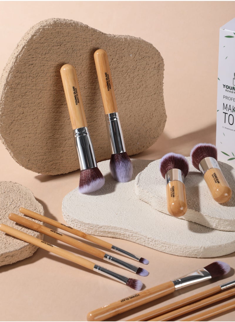 Young Glam - Young Glam Makeup Brush Set 11Pcs Bamboo Synthetic Kabuki Brush Set Foundation Powder Blending Concealer Eye shadows Blush Cosmetics Brushes with Organizer Bag & Makeup Sponge - Image 1