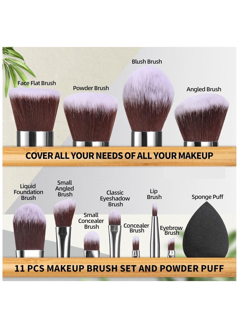 Young Glam - Young Glam Makeup Brush Set 11Pcs Bamboo Synthetic Kabuki Brush Set Foundation Powder Blending Concealer Eye shadows Blush Cosmetics Brushes with Organizer Bag & Makeup Sponge - Image 1