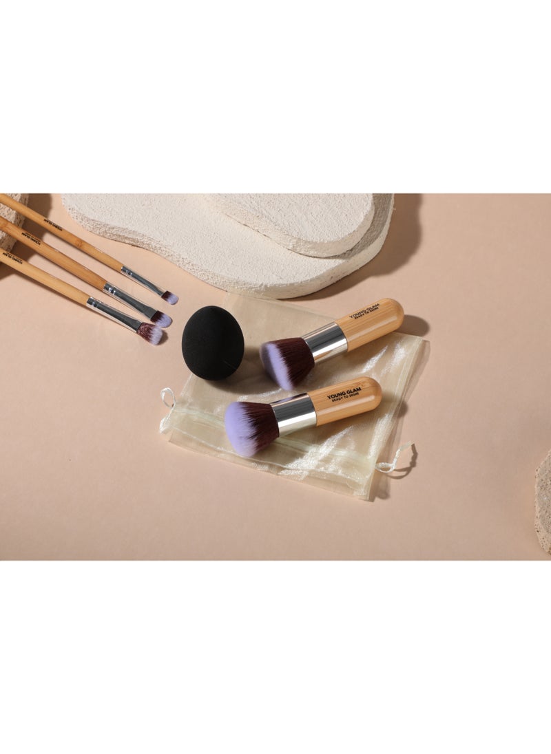 Young Glam - Young Glam Makeup Brush Set 11Pcs Bamboo Synthetic Kabuki Brush Set Foundation Powder Blending Concealer Eye shadows Blush Cosmetics Brushes with Organizer Bag & Makeup Sponge - Image 1