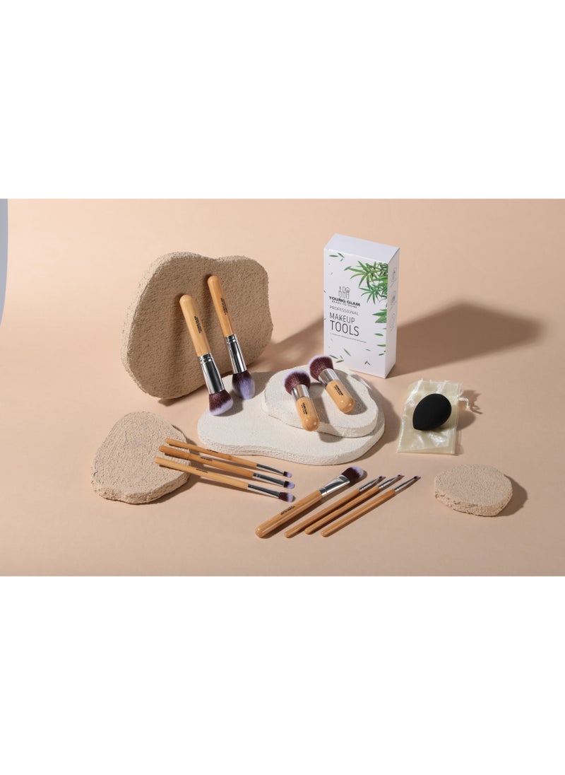 Young Glam - Young Glam Makeup Brush Set 11Pcs Bamboo Synthetic Kabuki Brush Set Foundation Powder Blending Concealer Eye shadows Blush Cosmetics Brushes with Organizer Bag & Makeup Sponge - Image 1