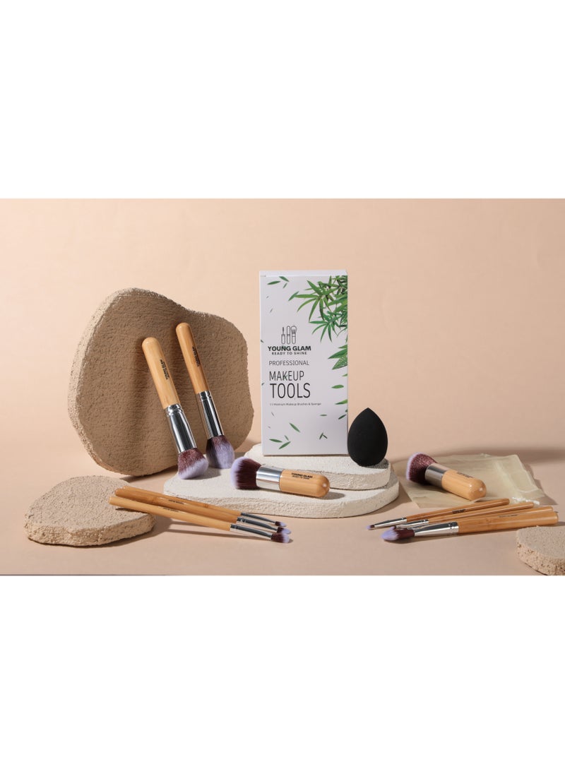 Young Glam - Young Glam Makeup Brush Set 11Pcs Bamboo Synthetic Kabuki Brush Set Foundation Powder Blending Concealer Eye shadows Blush Cosmetics Brushes with Organizer Bag & Makeup Sponge - Image 1