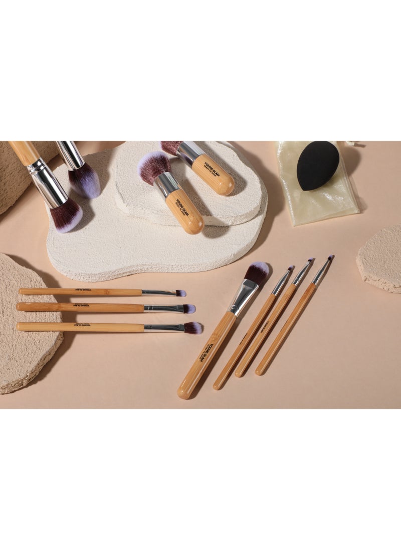 Young Glam - Young Glam Makeup Brush Set 11Pcs Bamboo Synthetic Kabuki Brush Set Foundation Powder Blending Concealer Eye shadows Blush Cosmetics Brushes with Organizer Bag & Makeup Sponge - Image 1