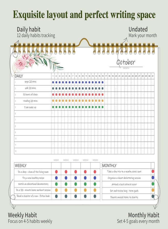 KAICN Habit Tracker Calendar,12 Monthly Habit Tracker Journal with Spiral Binding,Undated Weekly Monthly Planner to Boost Productivity&Self Improvement,8"x10"(Pink) - Image 3