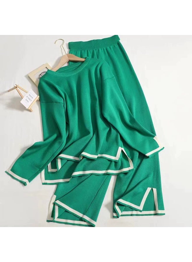 Women Asymmetrical Soft Pullover 2 Piece Set High Waist Wide Leg Pants Casual