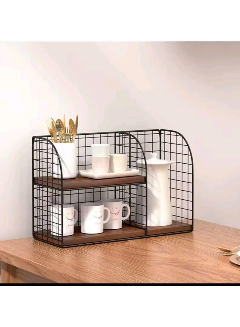 ستاند قهوة معدني مع رفّين خشب قوي – منظم ركن القهوة لوضع علب المشروبات والسكر والاكسسوارات بشكل أنيق - Image 1