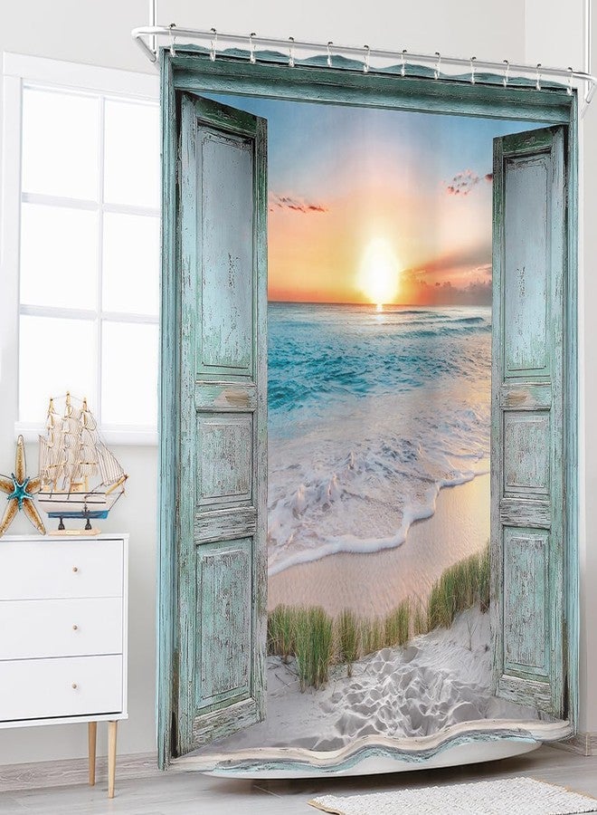 ريديكور ستارة دش من Riyidecor بتصميم Ocean Beach Teal Barn Door لديكور الحمام، 72 عرضًا × 72 ارتفاعًا، منظر غروب الشمس الهاواي، أمواج البحر، خشب عتيق، فن الطبيعة الريفية، قماش مطبوع، بوليستر مقاوم للماء، عبوة من 12 خطافًا بلاستيكيًا - Image 3