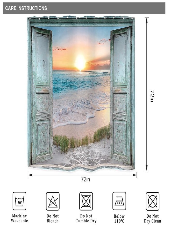 ريديكور ستارة دش من Riyidecor بتصميم Ocean Beach Teal Barn Door لديكور الحمام، 72 عرضًا × 72 ارتفاعًا، منظر غروب الشمس الهاواي، أمواج البحر، خشب عتيق، فن الطبيعة الريفية، قماش مطبوع، بوليستر مقاوم للماء، عبوة من 12 خطافًا بلاستيكيًا - Image 5