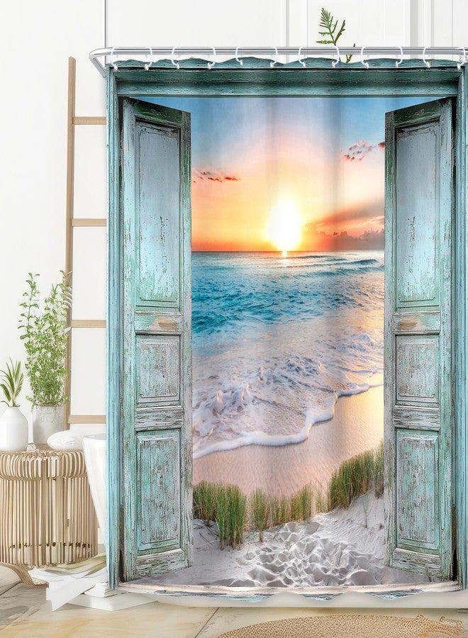 ريديكور ستارة دش من Riyidecor بتصميم Ocean Beach Teal Barn Door لديكور الحمام، 72 عرضًا × 72 ارتفاعًا، منظر غروب الشمس الهاواي، أمواج البحر، خشب عتيق، فن الطبيعة الريفية، قماش مطبوع، بوليستر مقاوم للماء، عبوة من 12 خطافًا بلاستيكيًا - Image 1