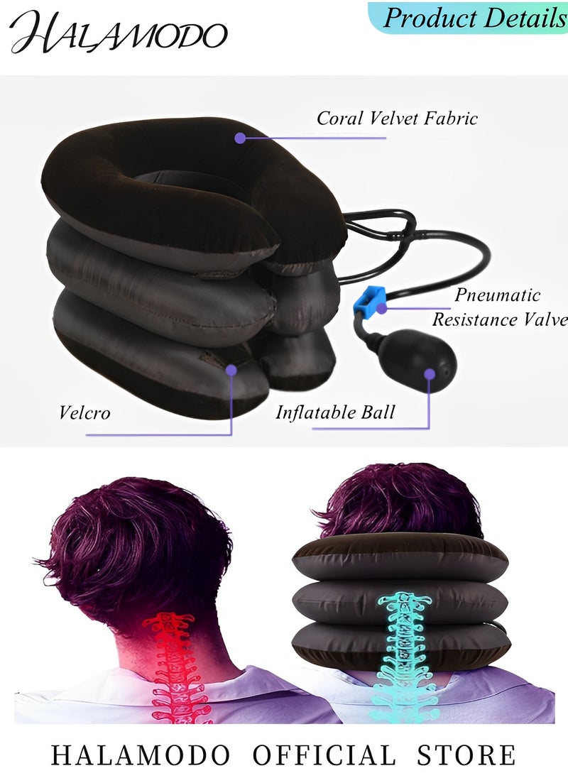 HALAMODO - Cervical Neck Traction Device, Neck Stretcher, 3 Layers Neck Traction Devices for Neck Pain Relief, Inflatable Neck Brace, Neck Decompression, Cervical Pillow with Inflation Air Pump - Image 1