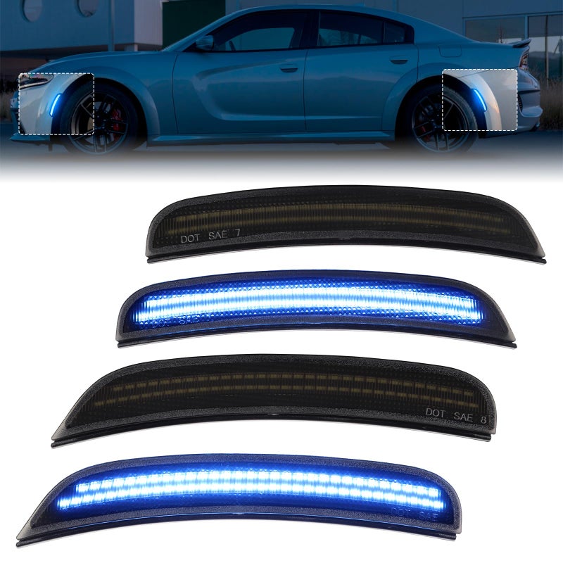 أضواء مؤشر جانبية LED زرقاء FetonAuto لدودج تشارجر 2015 2016 2017 2018 2019 2020 2021 2022 2023 2024 مصابيح إشارة الانعطاف الأمامية والخلفية 4 قطع عدسة مدخنة