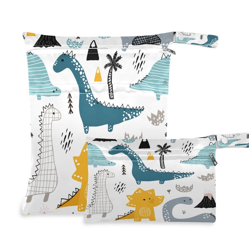 KEEPREAL 2Pcs Travel Wet and Dry Bag, Reusable Wet Bags Organizer with Two Zippered Pocket for Cloth Diaper, Swimsuit, Gym Clothesï¼ŒDino Scandinavian Style - Image 1