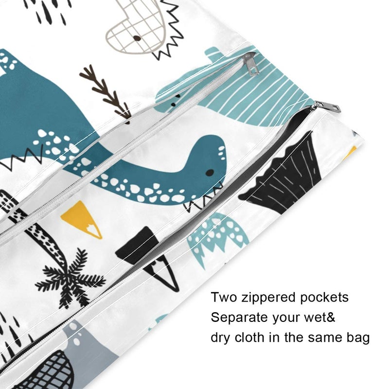 KEEPREAL 2Pcs Travel Wet and Dry Bag, Reusable Wet Bags Organizer with Two Zippered Pocket for Cloth Diaper, Swimsuit, Gym Clothesï¼ŒDino Scandinavian Style - Image 3